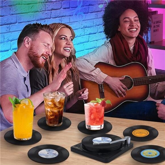 Funny Retro Record Coasters for Drinks with Vinyl Player Holder for Music - Picture 6 of 8